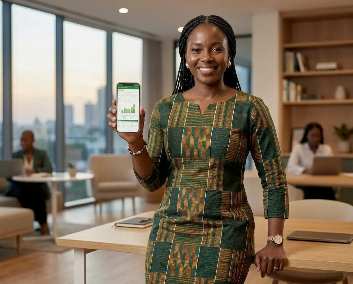 Entrepreneure africaine pilotant son activite avec Manxsa Business sur smartphone